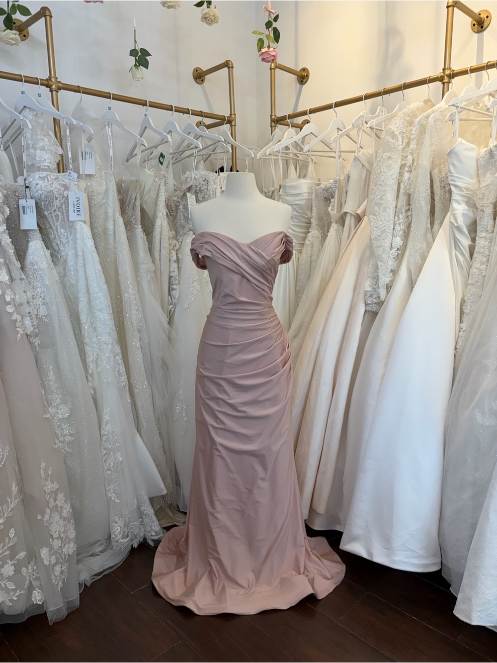 Bari Jay Blush Off-Shoulder Ruched Evening Gown